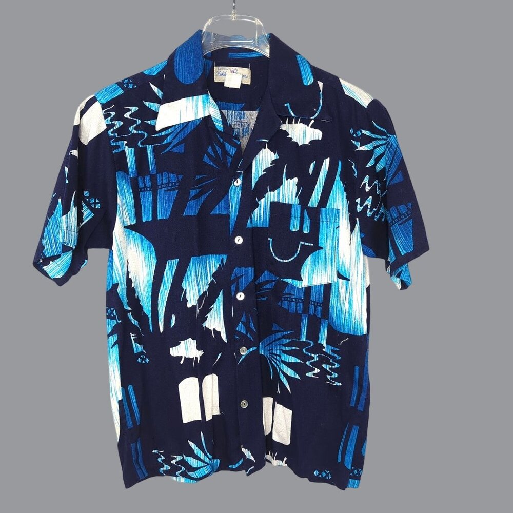 Vintage Hukilau Fashions Hawaiian Shirt Small Blue Barkcloth
